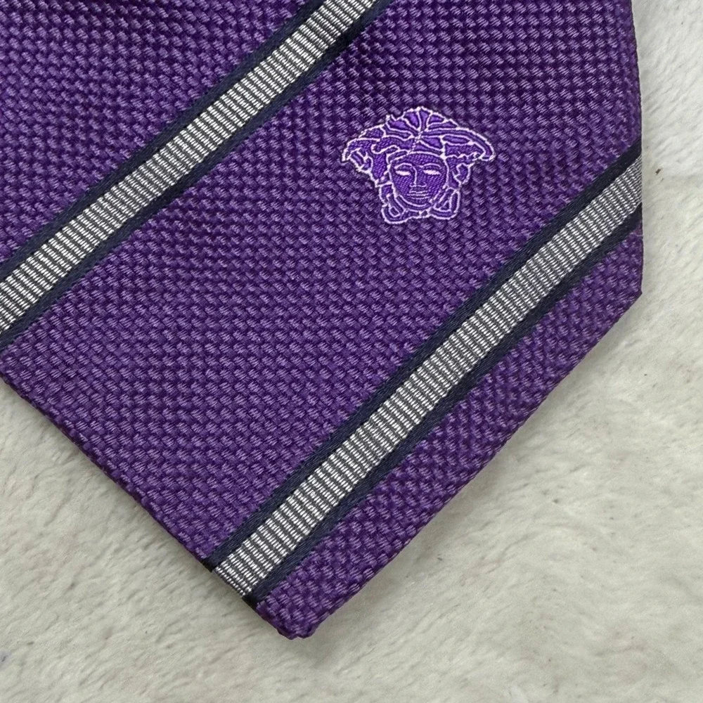 Versace Mens Purple Silk Necktie Silver Striped Medusa Head Logo Made in Italy